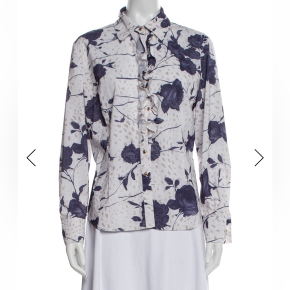 St. John Collection Floral Ruffle Button-Up Blouse w/ shoulder pads - Picture 9 of 10